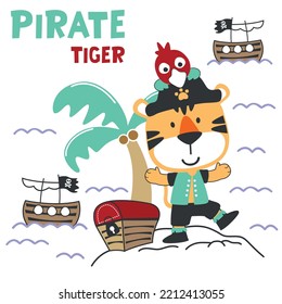 Vector illustration of funny tiger pirate with treasure chest, suitable for stickers and t shirts kids baby, t shirt print design, fashion graphic and other decoration.