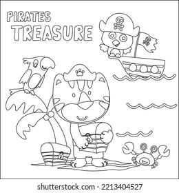 Vector illustration of funny tiger pirate with treasure chest, Childish design for kids activity colouring book or page.