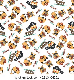 Vector illustration of funny tiger pirate with treasure chest, Can be used for t-shirt print, Creative vector childish background for fabric textile, nursery wallpaper and other decoration.