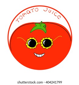 Vector illustration funny tomato cartoon character in a round frame with handwritten words Tomato Juice against white background