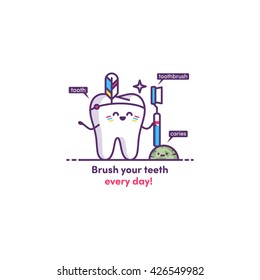 Vector Illustration funny tooth with toothbrush, caries