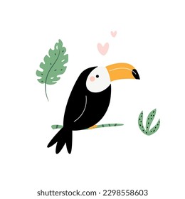 Vector illustration of a funny toucan and tropical leaves. Naive illustration for frame arts, decorations, kids prints.