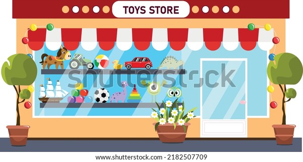 Vector illustration of a funny toy store. Cartoon\
urban buildings with soft toys, cars, ships, balls, decorated with\
flower pots.