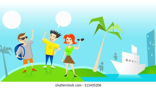 Vector Illustration: Funny Travelers or Tourists on the Small Tropical Island. Travel Picture