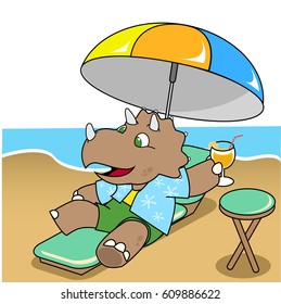 vector illustration of a funny triceratops dinosaur on the beach relaxing with a glass of lemon ice