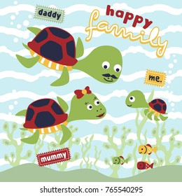 Vector illustration of funny turtle family cartoon, marine animals life