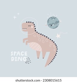 Vector illustration of funny tyrannosaurus in a outer space. Funny kids design for apparel print, clothing, frame art.