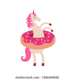 Vector illustration of funny unicorn in donut. Cartoon style cute character