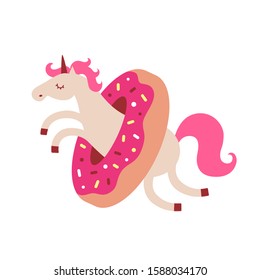 Vector illustration of funny unicorn jumping through a donut. Cartoon style cute character animal