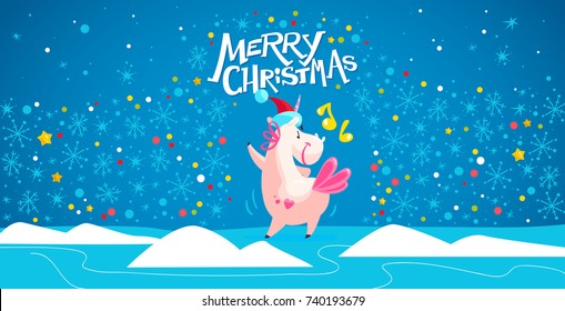 Vector illustration of funny unicorn in santa hat dancing on blue winter background with snowflake, confetti and sky landscape. Good for merry christmas card and new year media design, packaging paper
