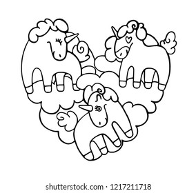 Vector illustration with funny unicorns in the shape of a heart. Black and white doodle style.
