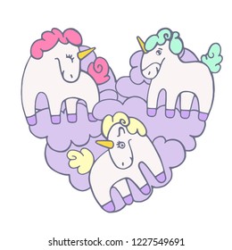 Vector illustration with funny unicorns in the shape of a heart. Сolorful doodle with cute unicorns in the clouds.