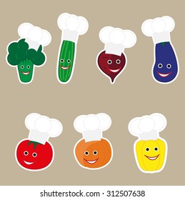 Vector Illustration Of Funny Vegetables Character With Cook Cap. Great For Fridge Magnet.