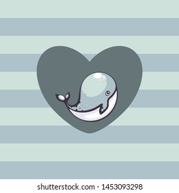 Vector illustration with funny whale on striped background. Love sea. Template for logo and greeting card.