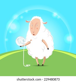 Vector illustration. Funny white lamb on a green glade with a ball of wool.