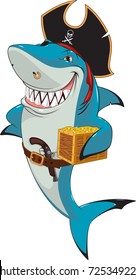 Vector illustration, funny white shark pirate, captain, holds a treasure chest.
