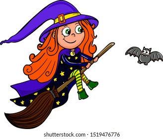 vector illustration funny witch fly on a broomstick