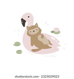 Vector illustration of a funny wolf floating on a pink flamingo. Vector image for prints, posters, nursery decorations