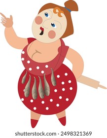 vector illustration, funny woman with fish. Can be used for postcard, book, website