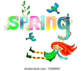 Vector illustration a funny women and text spring.