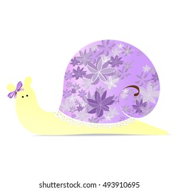 Vector illustration of funny yellow cartoon female snail with the flower dress on the shell, violet bow-knot on the head, isolated on white background