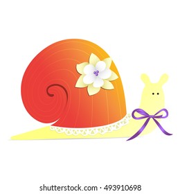 Vector illustration of funny yellow cartoon snail with the orange shell, and beautiful flower, violet bow-knot , isolated on white background