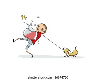 Vector Illustration of Funny young fellow taking care of his pets