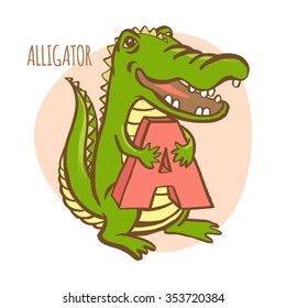 Vector illustration Funny zoo animals kid's alphabet. Hand drawn ink colorful style. Letter A, alligator