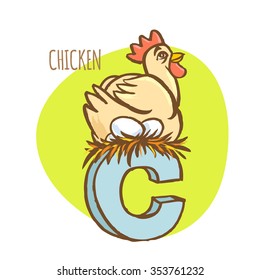 Vector illustration  Funny zoo animals kid's alphabet. Hand drawn ink colorful style. Letter C, chicken