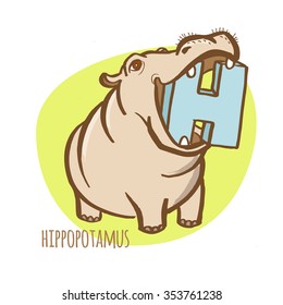 Vector illustration  Funny zoo animals kid's alphabet. Hand drawn ink colorful style. Letter H, hippopotamus