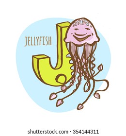 Vector illustration  Funny zoo animals kid's alphabet. Hand drawn ink colorful style. Letter J, jellyfish