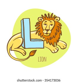 Vector illustration Funny zoo animals kid's alphabet. Hand drawn ink colorful style. Letter L, lion