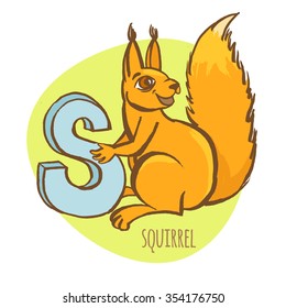 Vector illustration Funny zoo animals kid's alphabet. Hand drawn ink colorful style. Letter S, squirrel