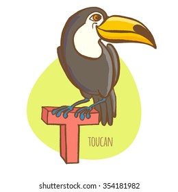 Vector illustration  Funny zoo animals kid's alphabet. Hand drawn ink colorful style. Letter T, toucan