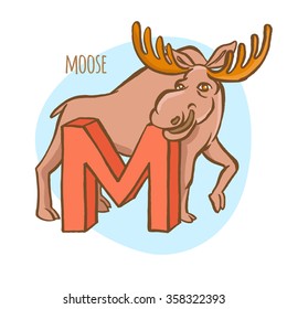 Vector illustration Funny zoo animals kid's alphabet. Hand drawn ink colorful style. Letter M, moose