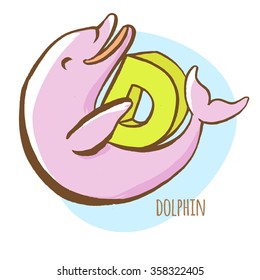 Vector illustration Funny zoo animals kid's alphabet. Hand drawn ink colorful style. Letter D, dolphin