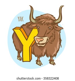 Vector illustration  Funny zoo animals kid's alphabet. Hand drawn ink colorful style. Letter Y, yak