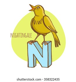 Vector illustration  Funny zoo animals kid's alphabet. Hand drawn ink colorful style. Letter N, nightingale