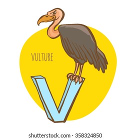 Vector illustration Funny zoo animals kid's alphabet. Hand drawn ink colorful style. Letter V, vulture