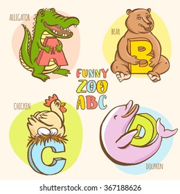 Vector illustration   Funny zoo animals kid's alphabet. Hand drawn ink colorful style. Letter C chicken, B bear, D dolphin, A alligator