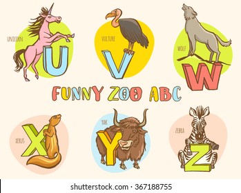 Vector illustration Funny zoo animals kid's alphabet. Hand drawn ink colorful style. Letter U unicorn, V volture, W wolf, X xerus, Y yak, Z zebra