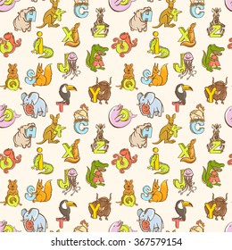 Vector illustration  Funny zoo animals kid's alphabet seamless pattern. Hand drawn ink colorful style. 