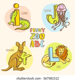 Vector illustration  Funny zoo animals kid's alphabet. Hand drawn ink colorful style. Letter I iguana, J jellyfish, K kangaroo, L lion