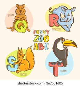 Vector illustration  Funny zoo animals kid's alphabet. Hand drawn ink colorful style. Letter Q quokka, R rhinoceros, S squirrel, T toucan