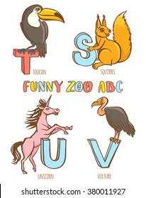 Vector illustration   Funny zoo animals kid's alphabet. Hand drawn ink colorful style. Letter S squirrel, T toucan, 