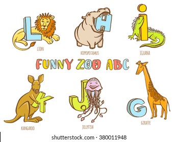 Vector illustration  Funny zoo animals kid's alphabet. Hand drawn ink colorful style. Letter H hippopotamus, G giraffe, I iguana, J jellyfish, K kangaroo, L lion