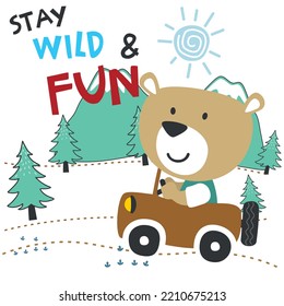 Vector illustration of funy bear driving the brown car. Funny background cartoon style for kids. Little adventure with animals on the road for nursery design, cartoon tshirt art design.