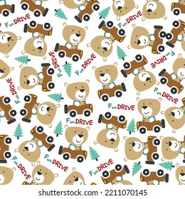 Vector illustration of funy bear driving the brown car. Can be used for t-shirt print, Creative vector childish background for fabric textile, nursery wallpaper and other decoration.