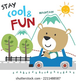 Vector illustration of funy bear driving the blue car. Funny background cartoon style for kids. Little adventure with animals on the road for nursery design, cartoon tshirt art design.