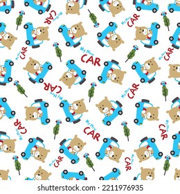 Vector illustration of funy bear driving the blue car. Can be used for t-shirt print, Creative vector childish background for fabric textile, nursery wallpaper and other decoration.